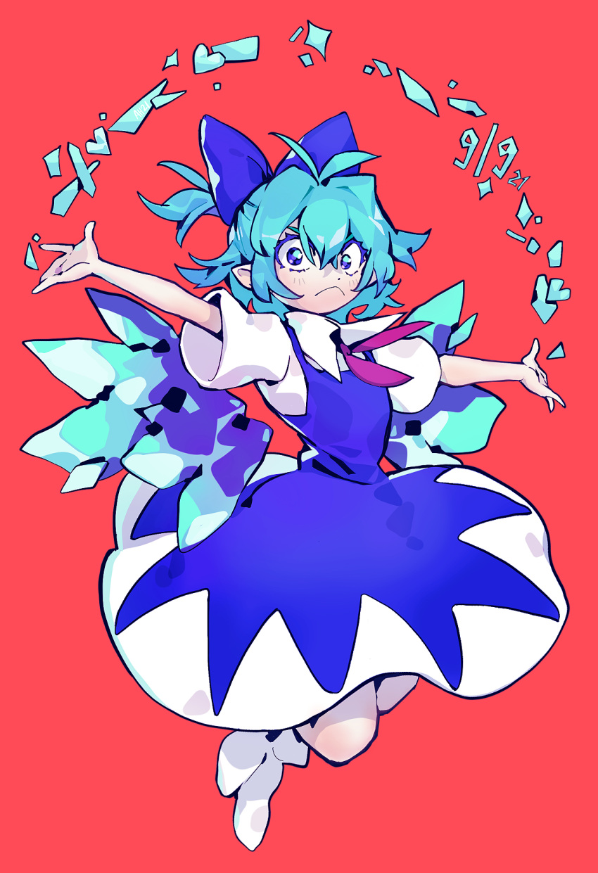 1girl :&lt; antenna_hair arlmuffin blue_bow blue_dress blue_eyes blue_hair bow cirno cirno_day dated detached_wings dress full_body hair_between_eyes hair_bow half_updo heart highres ice ice_wings looking_at_viewer medium_hair outstretched_arms purple_neckwear red_background shoes short_sleeves solo touhou white_footwear wings