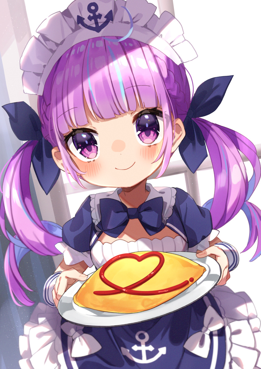 1girl absurdres anchor_print bangs blue_bow blue_dress blue_hair blue_ribbon blunt_bangs blush bow closed_mouth colored_inner_hair commentary cum cum_on_hair dress drill_hair eyebrows_visible_through_hair food hair_ribbon hands_up highres holding holding_plate hololive huge_filesize incoming_food long_hair looking_at_viewer maid_headdress minato_aqua multicolored_hair noi_mine omurice plate purple_eyes purple_hair ribbon short_sleeves sidelocks smile solo twin_drills twintails two-tone_hair virtual_youtuber wrist_cuffs