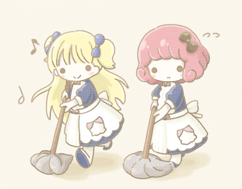 2girls absurdres apron black_bow blonde_hair blue_bow blush bow broom chibi closed_mouth eighth_note emilico_(shadows_house) hair_bow half_note highres holding holding_broom huge_filesize lou_(shadows_house) multiple_girls musical_note red_hair shadows_house simple_background smile sweatdrop tan_background twintails user_rxgx4855