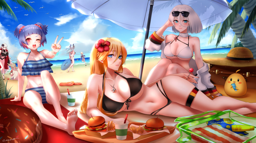 6+girls azur_lane beach beach_umbrella bikini bismarck_(azur_lane) black_bikini black_swimsuit blonde_hair blue_eyes blue_hair breasts burger cacao_(suisaixx) cleavage clothing_cutout eyewear_on_head flower food german_flag graf_zeppelin_(azur_lane) graf_zeppelin_(beachside_urd)_(azur_lane) hair_between_eyes hair_flower hair_ornament huge_breasts jacket jacket_partially_removed jewelry large_breasts long_hair looking_at_viewer lying manjuu_(azur_lane) multiple_girls navel necklace on_side open_clothes open_jacket outdoors palm_tree prinz_eugen_(azur_lane) prinz_eugen_(unfading_smile)_(azur_lane) red_eyes red_flower see-through_swimsuit short_hair skindentation stomach_cutout swimsuit thigh_strap tirpitz_(azur_lane) tirpitz_(snow-melting_summer)_(azur_lane) tree u-556_(azur_lane) umbrella white_bikini white_hair white_jacket z23_(azur_lane) z46_(azur_lane) z46_(first_summer)_(azur_lane)