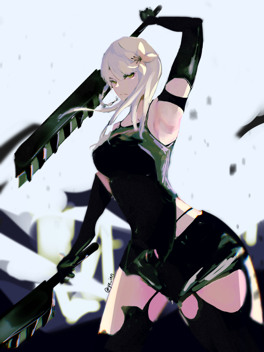 1girl arm_up armpits bangs cosplay dual_wielding elbow_gloves flower gloves green_eyes hair_flower hair_ornament highres holding holding_sword holding_weapon kaine_(nier) medium_hair nier nier_(series) nier_automata parted_bangs shorts signature solo sword tank_top thighhighs twitter_username weapon white_hair ye_ien yorha_type_a_no._2 yorha_type_a_no._2_(cosplay)