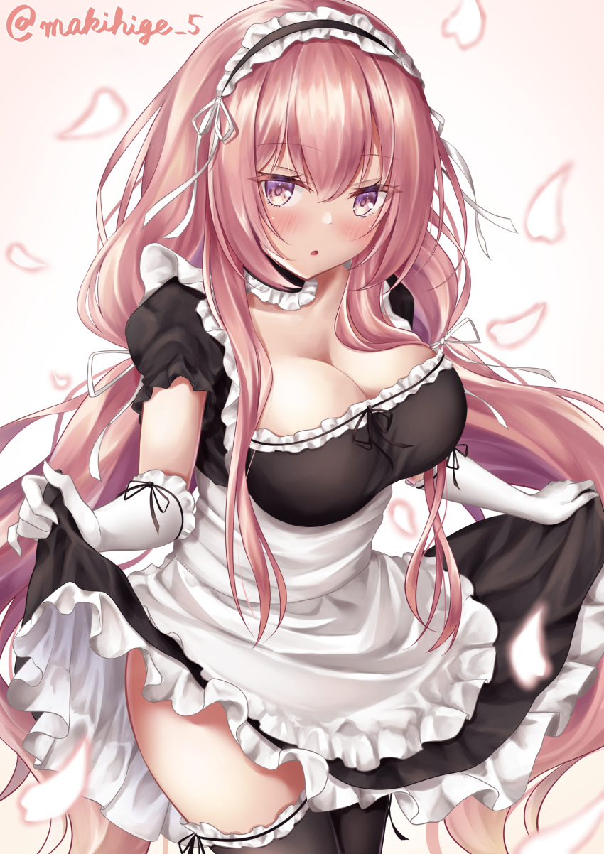 1girl absurdly_long_hair absurdres alternate_costume apron artist_name azur_lane black_dress black_legwear breasts cleavage dress enmaided eyebrows_visible_through_hair frilled_apron frilled_dress frilled_gloves frilled_hairband frills gloves hairband highres holding holding_clothes holding_skirt large_breasts long_hair looking_at_viewer maid makihige perseus_(azur_lane) pink_background pink_hair puffy_short_sleeves puffy_sleeves purple_eyes short_sleeves simple_background skirt solo thighhighs very_long_hair white_apron white_gloves