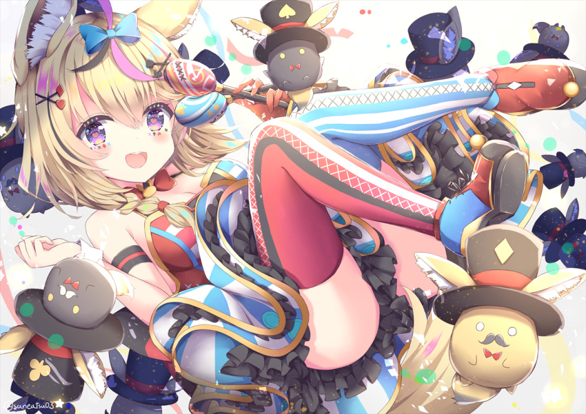 1girl :d ahoge animal_ears arm_strap asymmetrical_footwear asymmetrical_legwear bangs blonde_hair blue_legwear blue_skirt bow bow_skirt bowtie braid club_hair_ornament diamond_hair_ornament elbow_gloves facial_mark fox_ears fox_girl fox_tail full_body gloves hair_between_eyes hair_ornament hair_over_shoulder hairclip halter_top halterneck heart heart-shaped_pupils heart_hair_ornament hololive layered_skirt legs_up long_hair looking_at_viewer lying miniskirt mismatched_footwear mismatched_legwear multicolored_hair niwasane_(saneatsu03) omaru_polka on_back open_mouth pink_hair pink_legwear playing_card_theme purple_eyes red_footwear red_gloves red_neckwear shoes side_braid single_elbow_glove skirt sleeve_cuffs smile solo_focus spade_hair_ornament streaked_hair striped striped_legwear symbol-shaped_pupils tail thighhighs vertical-striped_legwear vertical-striped_skirt vertical_stripes virtual_youtuber x_hair_ornament zain_(omaru_polka)