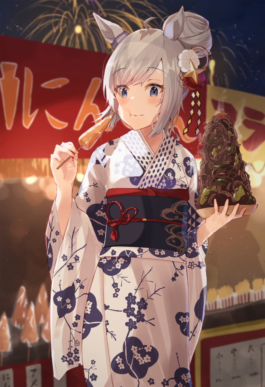 1girl :t absurdres ahoge alternate_costume alternate_hairstyle animal_ears bangs blue_eyes blush chewing closed_mouth cowboy_shot eating eyebrows_visible_through_hair floral_print food food_stand grey_hair hair_bun hair_ornament haru_yu highres horse_ears horse_girl japanese_clothes kanzashi kimono long_hair looking_at_viewer multicolored_hair obi obiage obijime oguri_cap_(umamusume) pink_kimono sash silver_hair smile solo streaked_hair summer_festival swept_bangs two-tone_hair umamusume white_kimono wide_sleeves yakisoba yukata