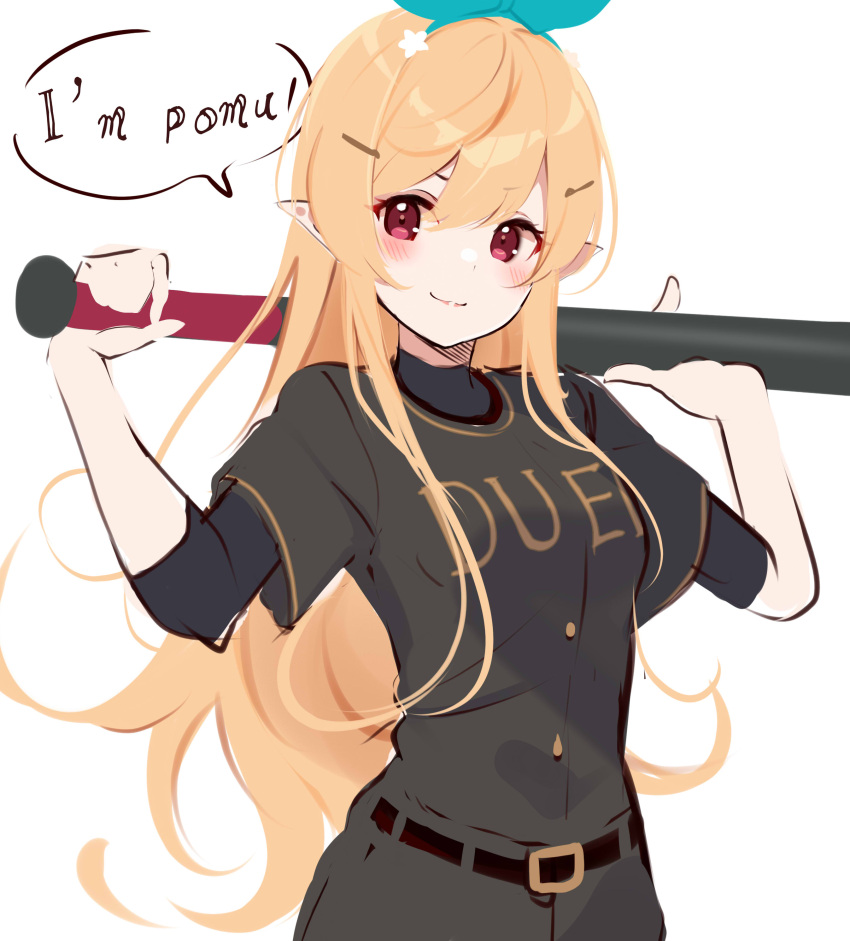 1girl absurdres baseball_bat belt black_belt black_shirt blonde_hair blue_bow blush bow bow_hairband catchphrase closed_mouth commentary cowboy_shot dot_nose english_commentary grey_pants grey_shirt hair_bow hairband highres holding holding_baseball_bat jersey kujou_ichiso long_hair looking_at_viewer mixed-language_commentary nijisanji nijisanji_en pants pointy_ears pomu_rainpuff red_eyes shirt simple_background smile solo standing very_long_hair white_background
