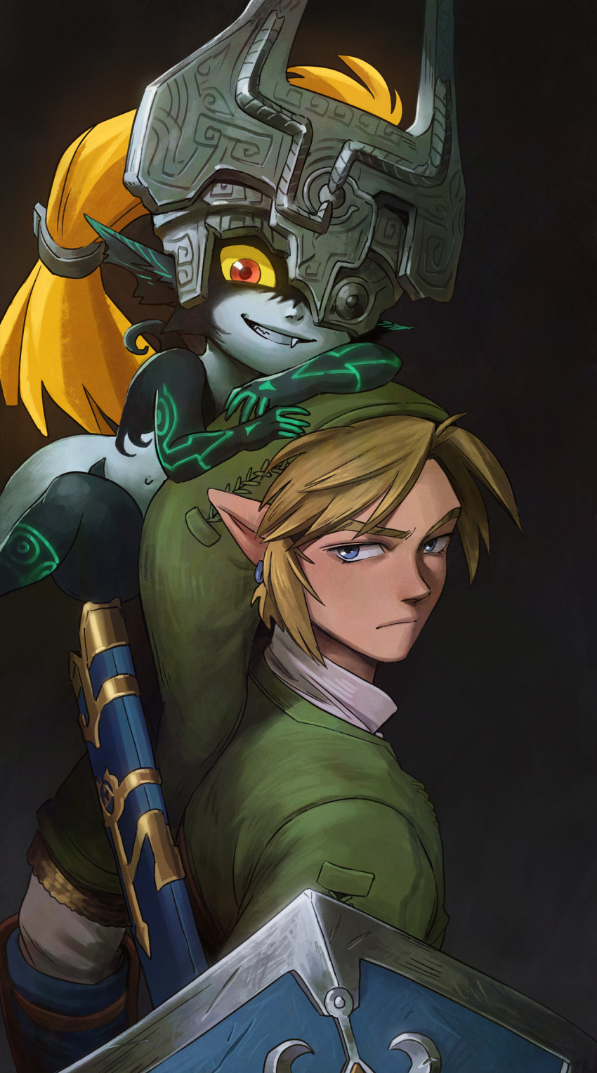 1boy 1girl blonde_hair blue_eyes closed_mouth collared_shirt colored_sclera colored_skin earrings fang full_body glowing green_tunic grin helmet highres holding holding_shield jewelry layered_sleeves link long_hair long_sleeves looking_at_viewer looking_back looking_to_the_side malin_falch midna multicolored multicolored_skin nude one_eye_covered orange_eyes orange_hair pointy_ears scabbard sheath shield shirt short_over_long_sleeves short_sleeves smile teeth the_legend_of_zelda the_legend_of_zelda:_twilight_princess thick_thighs thighs unsheathed upper_body