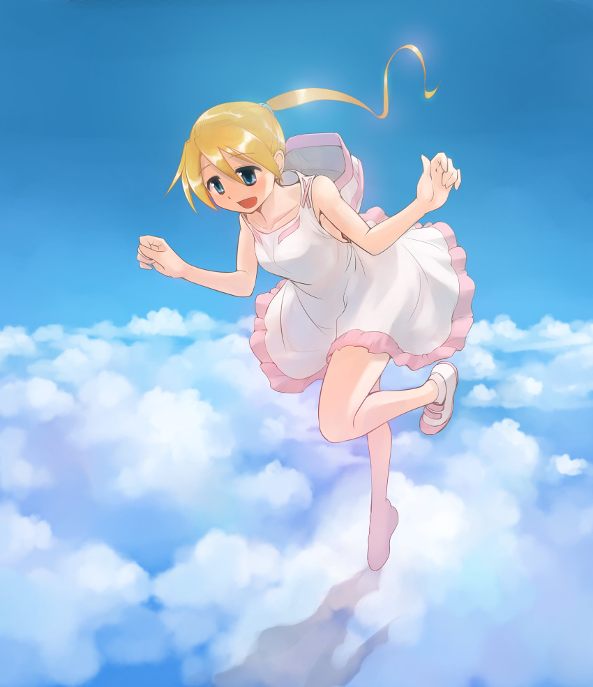 1girl above_clouds bangs blonde_hair blue_eyes blue_sky cloud day dress eyebrows_visible_through_hair floating highres hood hood_down hooded_dress ikeda_jun_(mizutamari) leaning_forward leg_up long_hair open_mouth original outdoors ponytail redrawn shadow short_dress sky smile solo w_arms white_footwear