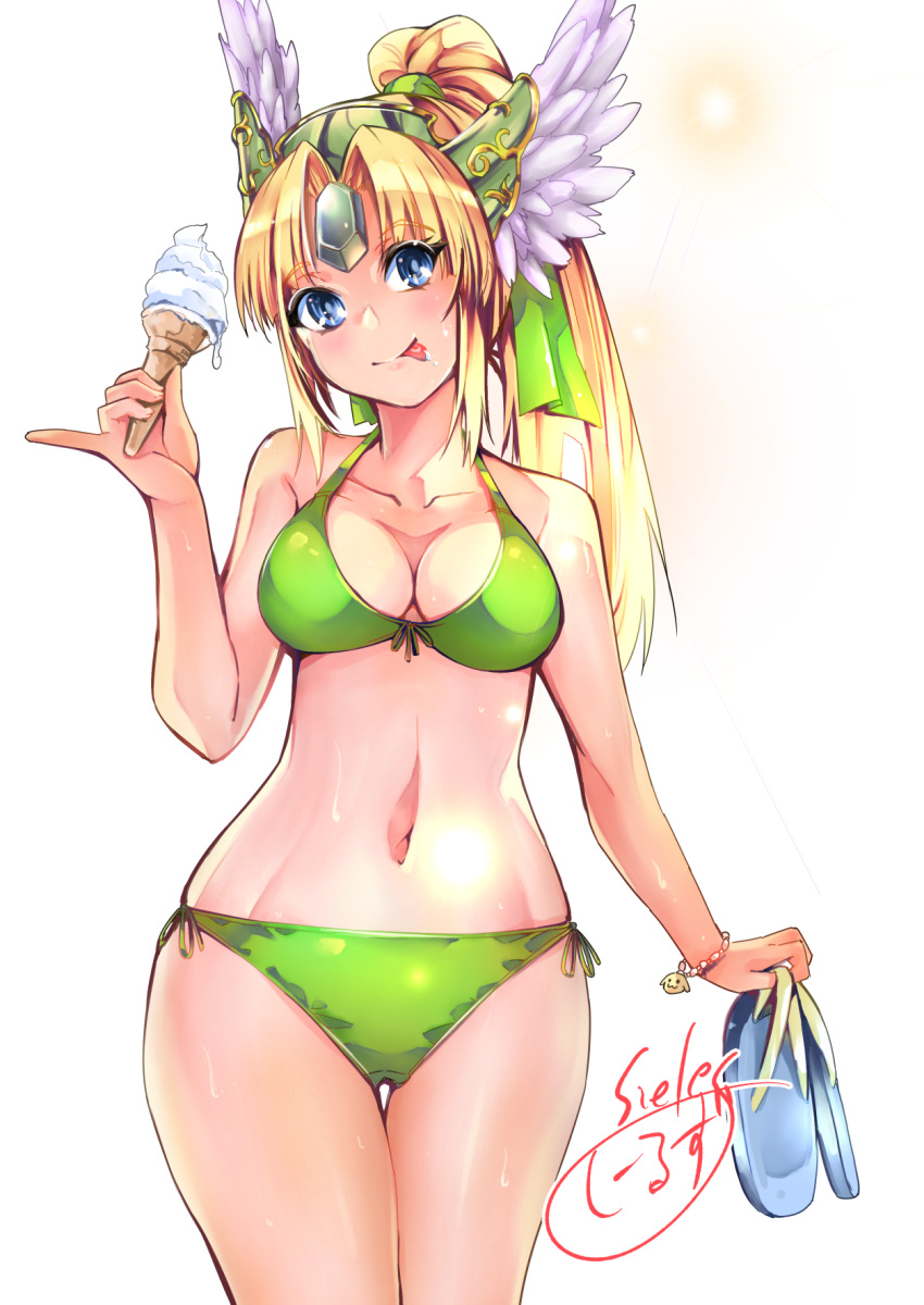 1girl :p alternate_hairstyle artist_name bangs bikini blonde_hair blue_eyes blue_footwear bracelet breasts cleavage closed_mouth commentary_request eyebrows_visible_through_hair food forehead_jewel front-tie_bikini front-tie_top green_bikini green_headwear hair_tie halterneck head_tilt helmet highres holding holding_food ice_cream_cone jewelry long_hair looking_at_viewer medium_breasts navel parted_bangs pinky_out ponytail riesz sandals seiken_densetsu seiken_densetsu_3 side-tie_bikini sieles_(sero-sero) signature skindentation smile solo standing swimsuit thigh_gap tongue tongue_out white_background winged_helmet