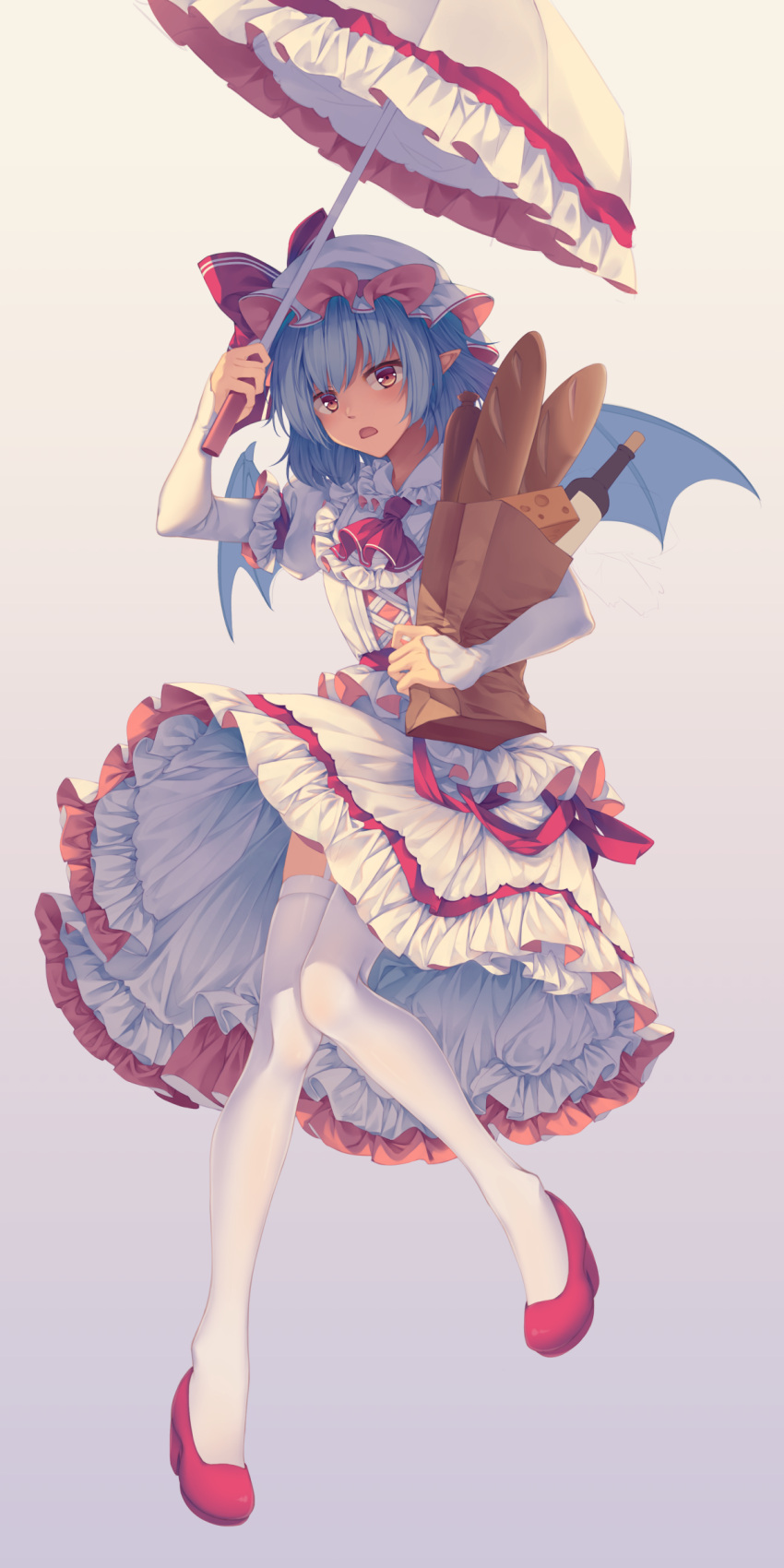 1girl absurdres alcohol ascot bag baguette bat_wings blue_hair bow bread cheese chorizo dress fang food frills high_heels highres holding holding_umbrella mechrailgun paper_bag parasol puffy_sleeves red_bow red_eyes red_footwear red_ribbon remilia_scarlet ribbon ribbon_trim shade short_hair short_sleeves simple_background thighhighs touhou umbrella white_background white_dress white_legwear wine wings