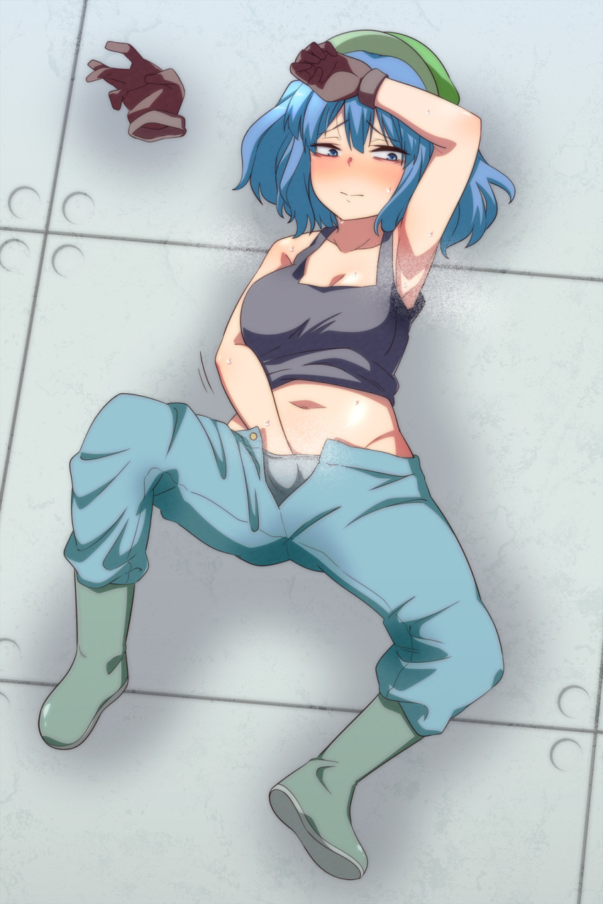 1girl arm_up bangs black_tank_top blue_eyes blue_hair blue_panties blue_pants blush boots breasts brown_gloves cleavage commentary_request flat_cap full_body gloves gloves_removed green_footwear green_headwear hand_in_panties hat highres jeno kawashiro_nitori looking_to_the_side lying medium_breasts medium_hair on_back on_floor open_fly open_mouth panties pants rubber_boots solo tank_top textless touhou underwear