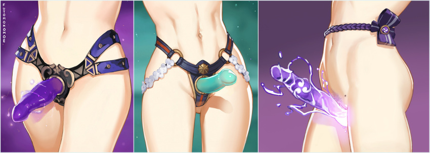 1girl abs blonde_hair braid braided_ponytail close-up crotch dildo electricity futomomomoe genshin_impact groin head_out_of_frame highres hip_focus jean_(genshin_impact) legs lisa_(genshin_impact) lower_body mole navel object_insertion out_of_frame ponytail purple_hair pussy raiden_shogun sex_toy standing stomach strap-on thighs