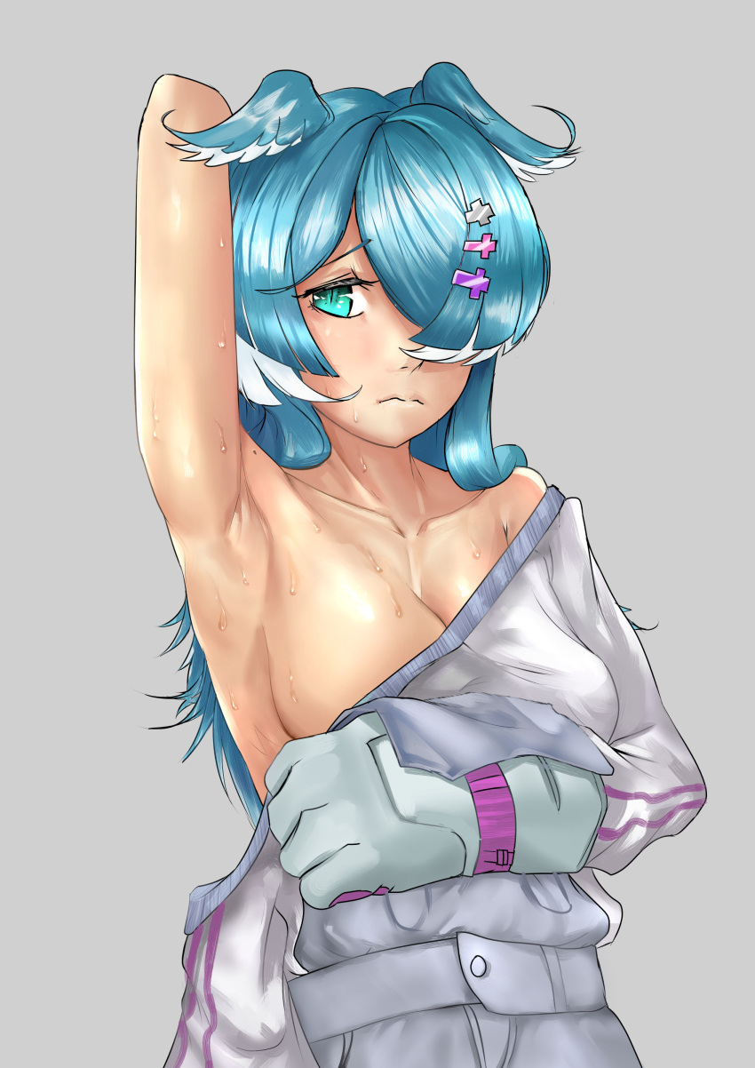 1girl 3: absurdres arm_behind_head armpits blue_eyes blue_hair blush breasts cleavage closed_mouth elira_pendora embarrassed gloves grey_jumpsuit hair_ornament hair_over_one_eye hairclip head_wings highres jumpsuit large_breasts long_hair looking_at_viewer multicolored_hair nijisanji nijisanji_en noone_twothree one_eye_covered presenting_armpit single_glove slit_pupils solo sweat two-tone_hair upper_body virtual_youtuber