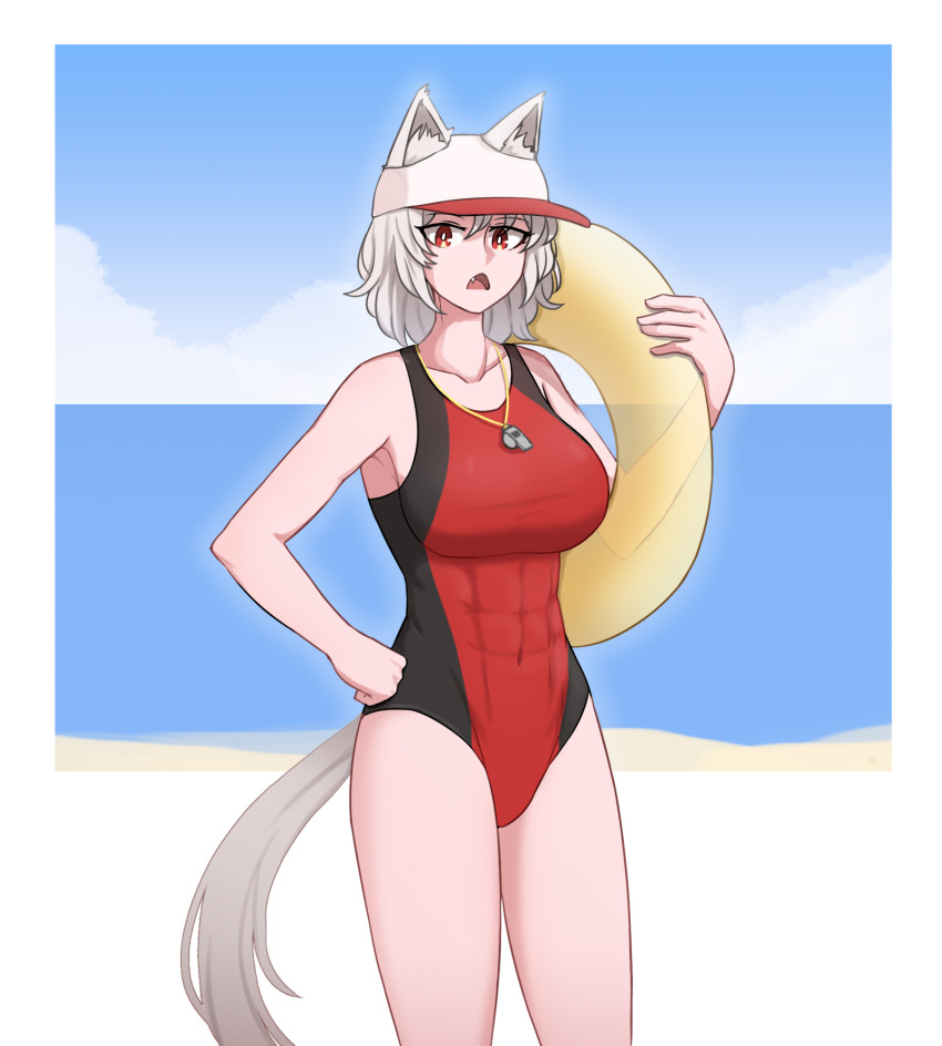 1girl abs animal_ear_fluff animal_ears beach black_swimsuit breasts cloud cloudy_sky commentary cowboy_shot fang hand_on_hip highres innertube inubashiri_momiji lifeguard looking_at_viewer mata_(matasoup) multicolored multicolored_clothes multicolored_swimsuit navel one-piece_swimsuit open_mouth red_eyes red_swimsuit sky solo swimsuit tail touhou visor_cap whistle whistle_around_neck white_hair wolf_ears wolf_tail