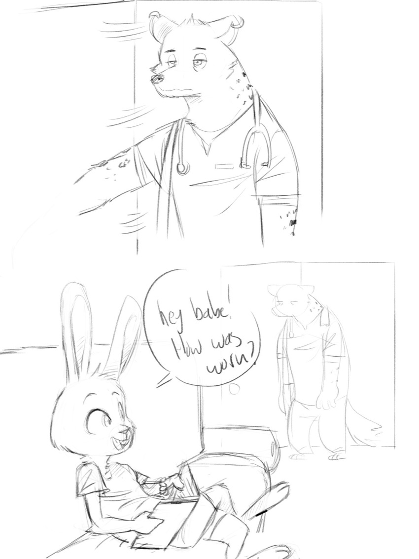 black_and_white boreoboros comic doctor duo ear_piercing english_text hyena lagomorph line_art male mammal monochrome piercing rabbit reading simple_background sketch sofa stethoscope sunny_(trash_character) text white_background zeke_(trash_character)