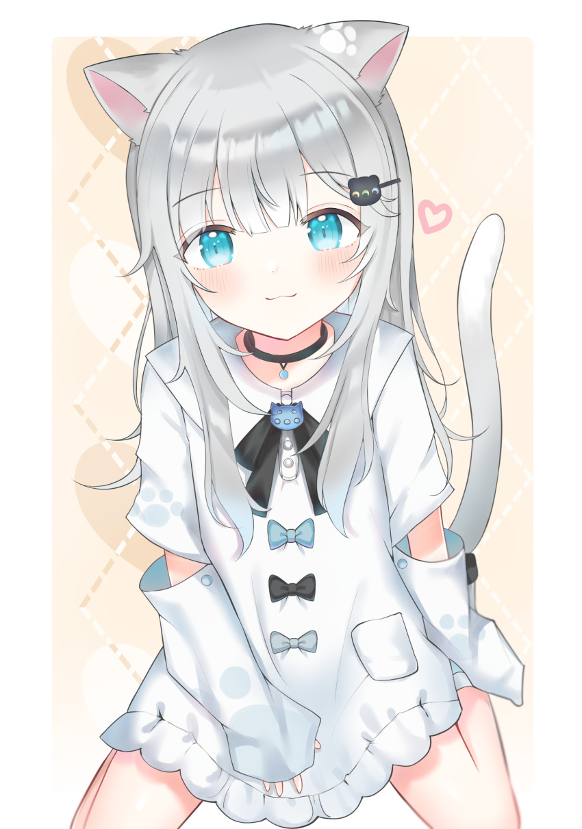 1girl animal_ears animal_hair_ornament bow cat_ears cat_girl cat_hair_ornament cat_tail dress hair_ornament highres indie_virtual_youtuber iqchan light_blue_eyes long_hair nacho_(amashiro_natsuki) paw_print silver_hair sitting tail virtual_youtuber wariza