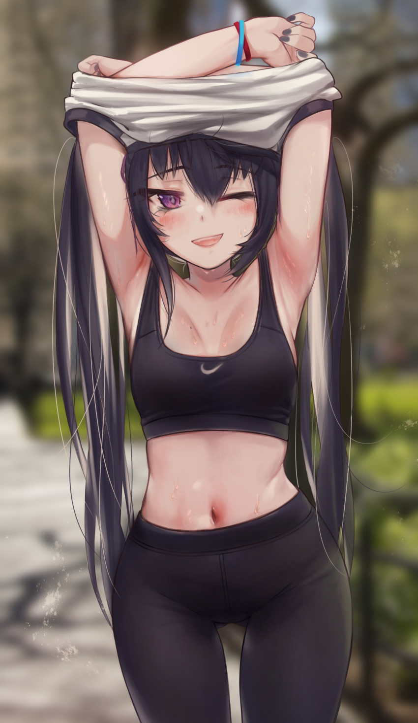 1girl ;d absurdres armpits arms_up bangs black_hair black_nails black_pants blurry blurry_background blush bracelet breasts commentary_request depth_of_field eyebrows_visible_through_hair hair_between_eyes highres jewelry long_hair looking_at_viewer medium_breasts nail_polish navel nike one_eye_closed open_mouth original pants priite_hari_(torriet) purple_eyes revision shirt smile solo sports_bra stomach sweat torriet twintails undressing very_long_hair white_shirt