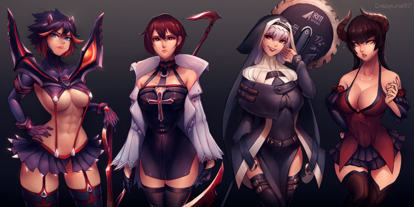 4girls :d abs absurdres arknights bangs bare_shoulders black_gloves black_hair black_legwear black_shirt black_sleeves blue_eyes boots breasts chainsaw character_request cleavage closed_mouth coat copyright_request crispytuna97 crossover dress eliza_(tekken) gloves hair_between_eyes hand_on_hip highres holding holding_sword holding_weapon horns kill_la_kill long_hair long_sleeves looking_at_viewer matoi_ryuuko multicolored_hair multiple_girls nail_polish nun open_mouth orange_eyes red_dress red_eyes red_hair red_nails scythe shirt short_hair sleeveless smile specter_(arknights) sword teeth tekken thigh_boots thighhighs two-tone_hair weapon white_coat white_hair