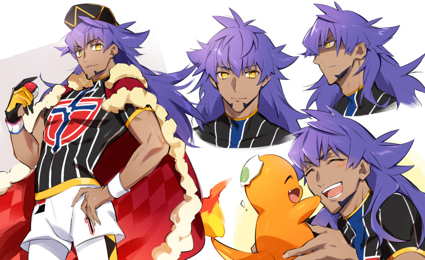 1boy :d akeno06 argyle bangs baseball_cap blush cape champion_uniform charmander closed_eyes closed_mouth commentary_request dark-skinned_male dark_skin dynamax_band facial_hair fur-trimmed_cape fur_trim gen_1_pokemon gloves hand_on_hip hat highres holding holding_poke_ball leggings leon_(pokemon) long_hair looking_at_viewer male_focus multiple_views open_mouth partially_fingerless_gloves poke_ball poke_ball_(basic) pokemon pokemon_(creature) pokemon_(game) pokemon_swsh purple_hair red_cape shaded_face shield_print shirt short_shorts short_sleeves shorts single_glove smile sword_print teeth tongue white_legwear white_shorts yellow_eyes