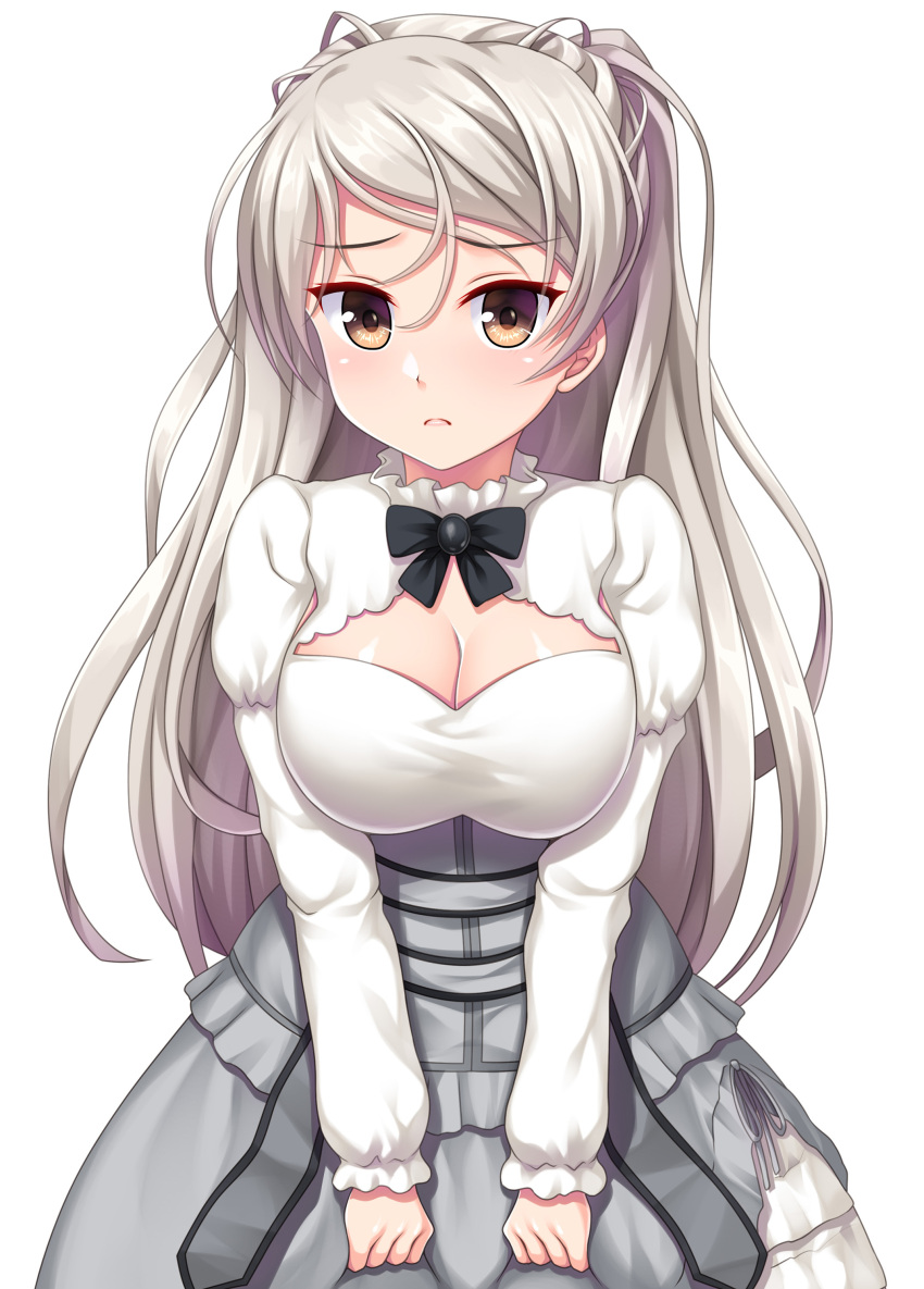 1girl absurdres blush breasts brown_eyes cleavage cleavage_cutout closed_mouth clothing_cutout conte_di_cavour_(kancolle) dress eyebrows_visible_through_hair frilled_dress frills grey_hair highres kantai_collection large_breasts layered_dress long_hair long_sleeves ruin_re_birth simple_background solo white_background white_dress