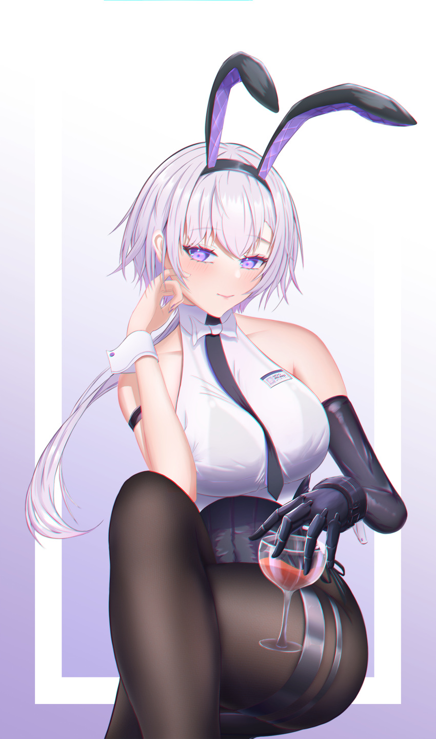 1girl absurdres animal_ears azur_lane backless_leotard bare_shoulders between_breasts black_legwear black_leotard black_neckwear breasts crossed_legs cup eeyoosekedooaat elbow_gloves fake_animal_ears gloves highres holding holding_cup large_breasts leotard leotard_under_clothes light_blush light_purple_hair mechanical_hands metal_gloves necktie necktie_between_breasts official_alternate_costume pantyhose parted_hair playboy_bunny purple_eyes rabbit_ears reno_(azur_lane) reno_(reno_bunnino)_(azur_lane) see-through_shirt shirt side-tie_leotard simple_background single_elbow_glove single_mechanical_hand sitting sleeveless sleeveless_shirt solo white_shirt wrist_cuffs