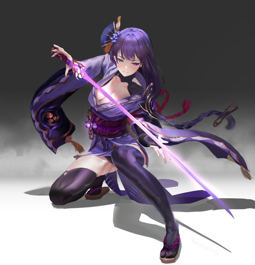 1girl 1s44c absurdres black_legwear bridal_gauntlets clog_sandals coattails feet flower genshin_impact highres holding holding_sword holding_weapon japanese_clothes katana kimono mole mole_under_eye obiage obijime purple_flower purple_hair purple_kimono purple_nails raiden_shogun sash sword tassel thighhighs tomoe_(symbol) weapon