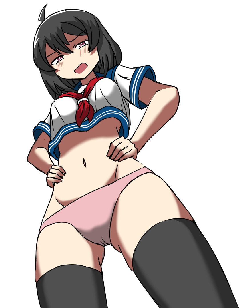 1girl absurdres ahoge ass_visible_through_thighs black_hair blue_sailor_collar blush breasts commission from_below groin hair_between_eyes hands_on_hips highres invader medium_breasts navel neckerchief no_pants original panties pink_panties red_eyes red_neckwear sailor_collar short_hair solo thighhighs thighs underwear