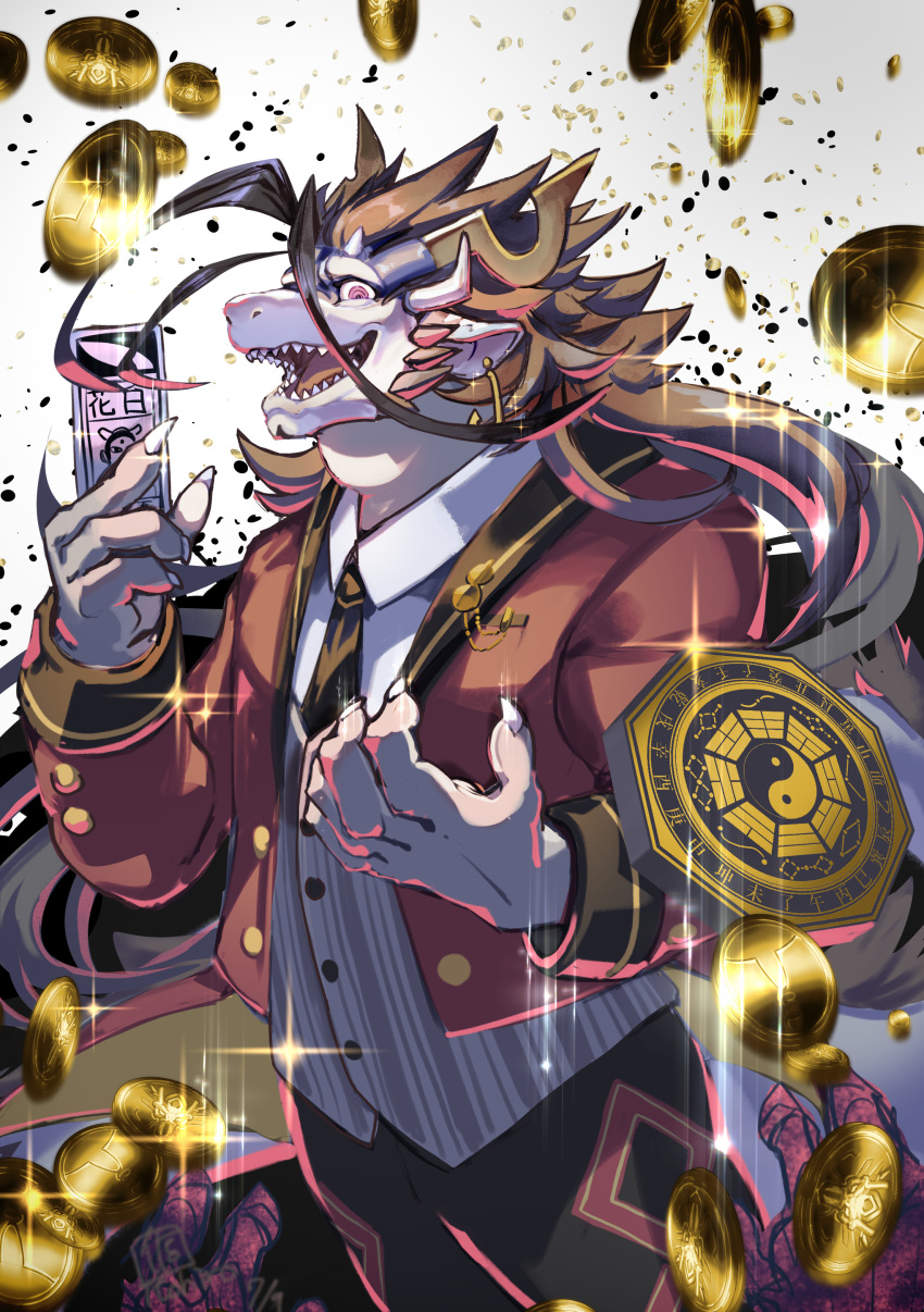 1boy absurdres black_pants character_request coin cropped_jacket curled_horns dragon_boy dragon_horns dragon_tail evil_eyes feet_out_of_frame fingernails furry furry_male gold_coin grey_vest highres horns itohiro03 laughing long_hair looking_at_viewer male_focus necktie pants sharp_fingernails solo sparkle striped striped_vest tail tokyo_houkago_summoners vest yin_yang yin_yang_print