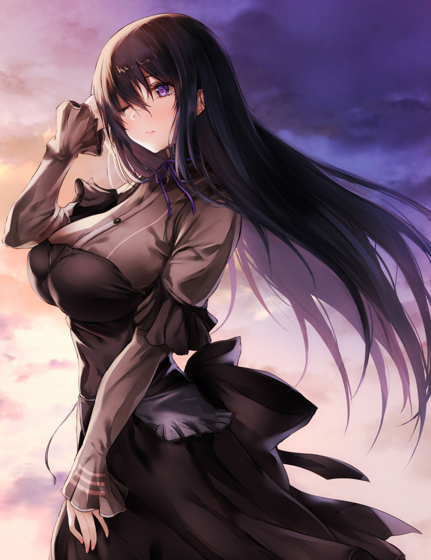 1girl absurdres alice_gear_aegis black_bow black_dress black_hair blush bow breasts cloud cloudy_sky covered_nipples dress eyelashes fingernails frilled_sleeves frills highres kagome_misaki large_bow large_breasts long_hair neck_ribbon one_eye_closed outdoors parted_lips pink_eyes purple_eyes purple_neckwear purple_ribbon puru_(ex-150) ribbon see-through sky sleeves_past_wrists solo wind
