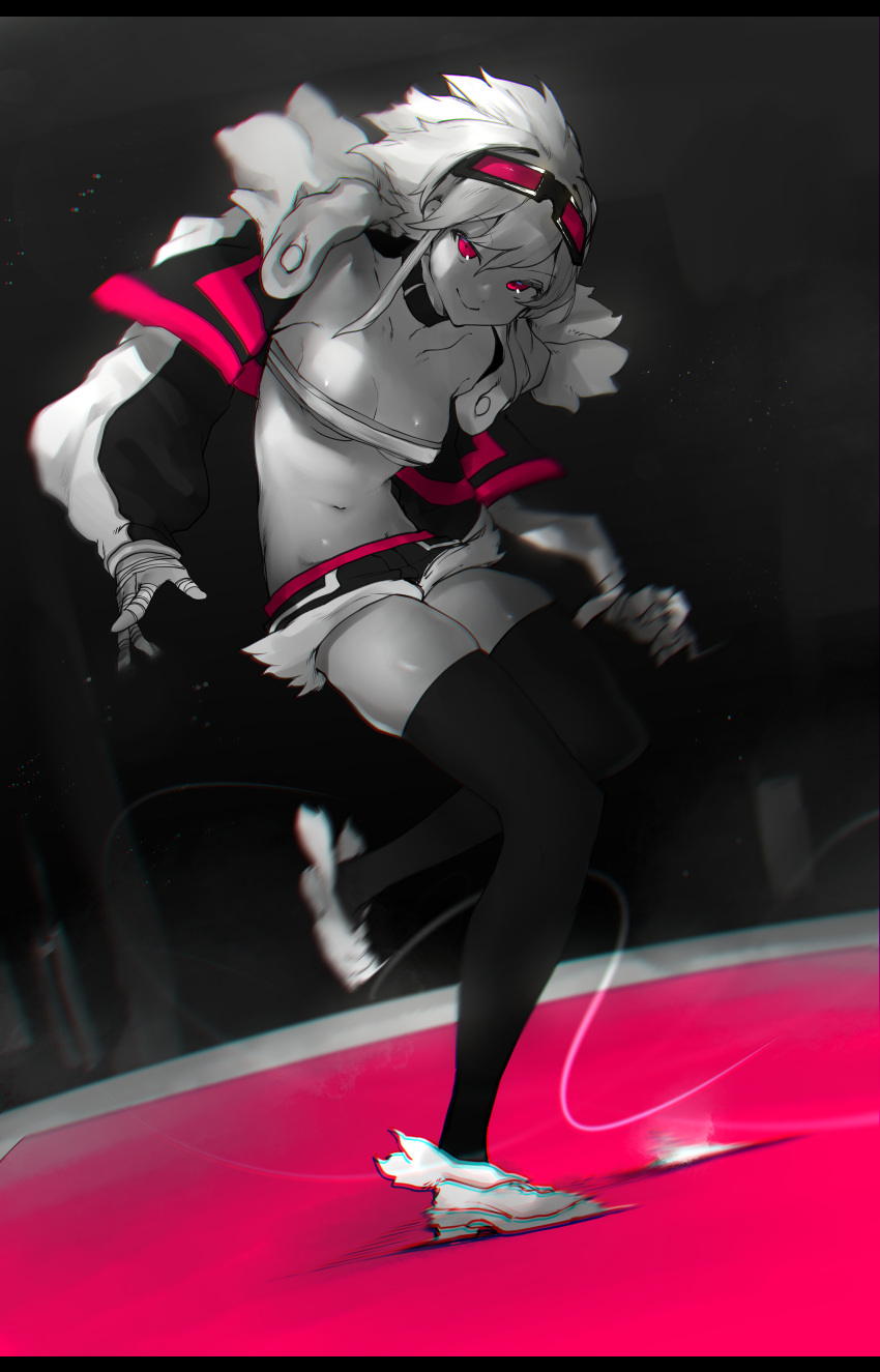 1girl absurdres bandaged_arm bandages bandeau choker closed_mouth cropped_jacket goggles goggles_on_head highres jacket letterboxed long_sleeves looking_at_viewer medium_hair monochrome navel niwamaru_(niwarhythm) niwarhythm open_clothes open_jacket original pink_theme shoes short_shorts shorts smile smug solo standing standing_on_one_leg stomach thighhighs