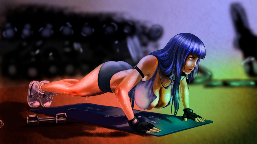 1girl all_fours bangs black_hair bra breasts cleavage dripping exercise frown gloves gym_shorts highres hyuuga_hinata imiran large_breasts long_hair looking_ahead naruto naruto_(series) open_bra purple_eyes push-ups shadow shiny shiny_hair shiny_skin shoes shorts sports_bra sweat underwear weights