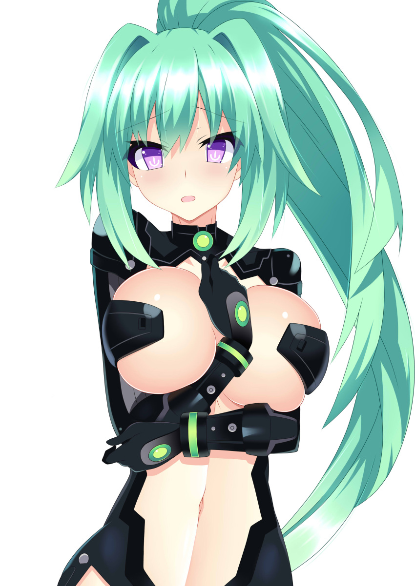 1girl absurdres blush bodysuit breasts center_opening cleavage elbow_gloves gloves green_heart hatsune_haruka highres kami_jigen_game_neptune_v large_breasts leotard navel neptune_(series) ponytail power_symbol purple_eyes revealing_clothes simple_background solo symbol-shaped_pupils white_background