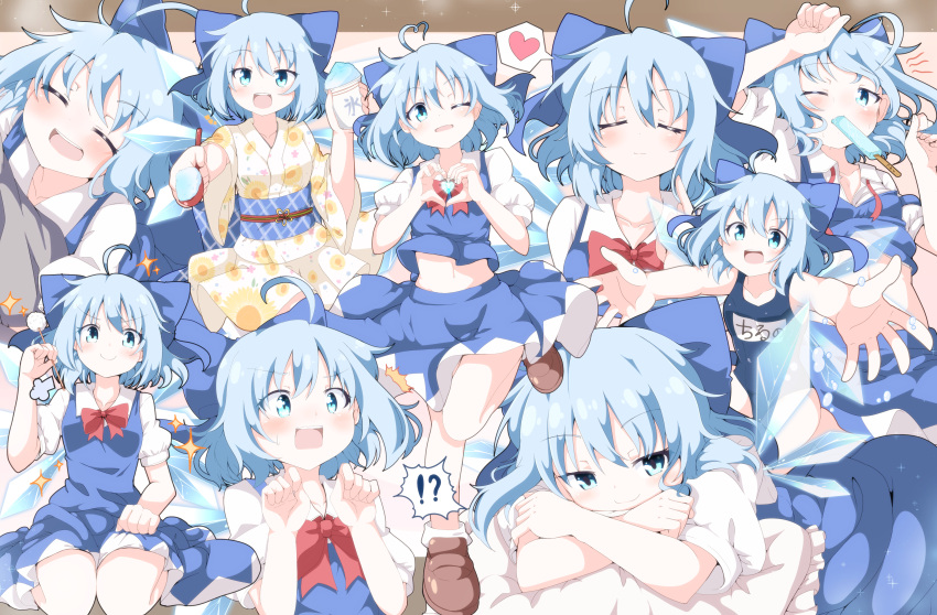 !? 1girl :d absurdres adapted_costume ahoge alternate_costume bangs blue_bow blue_dress blue_skirt blue_swimsuit blue_vest blush bow brown_footwear cirno closed_eyes collage commentary_request do_(4-rt) dress facing_viewer food hair_between_eyes hair_bow heart heart_hands highres japanese_clothes kimono lap_pillow_invitation large_bow light_blue_eyes light_blue_hair looking_at_viewer midriff_peek mimikaki multiple_views name_tag obi one-piece_swimsuit one_eye_closed open_mouth pinafore_dress popsicle rectangular_mouth sash school_swimsuit shaved_ice shirt shoes short_hair short_sleeves skirt skirt_set smile sparkle spoken_heart spoken_interrobang swimsuit touhou vest white_shirt yukata