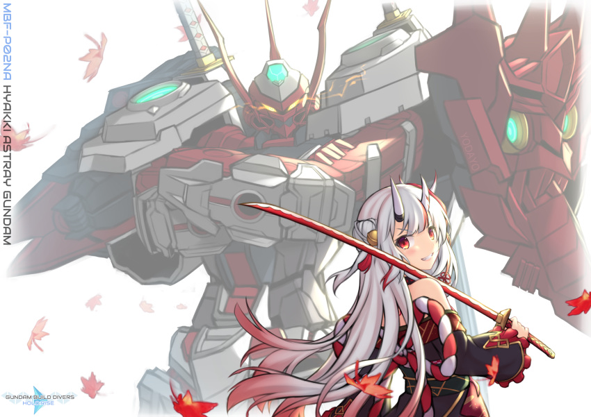 1girl bangs crossed_arms crossover english_commentary fusion glowing glowing_eyes gradient_hair gundam gundam_build_divers gundam_build_divers_re:rise gundam_build_fighters highres holding holding_sword holding_weapon hololive horns logo_parody long_hair mecha mobile_suit multicolored_hair nakiri_ayame oni_horns over_shoulder parody pinguinkotak red_eyes red_hair sengoku_astray_gundam silver_hair smile sword title_parody v-shaped_eyebrows virtual_youtuber weapon weapon_over_shoulder yellow_eyes