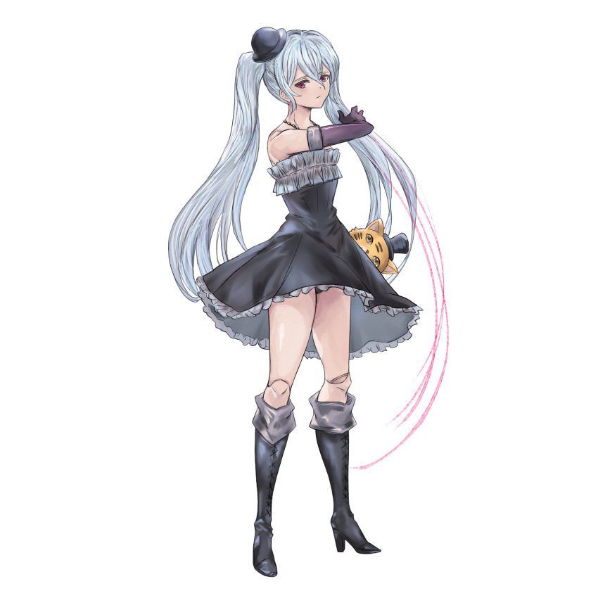 1girl bare_shoulders black_dress black_footwear black_headwear boots closed_mouth doll_joints dress elbow_gloves eyebrows_visible_through_hair frilled_dress frills gloves granblue_fantasy grey_hair hair_between_eyes high_heel_boots high_heels highres jewelry joints long_hair necklace off-shoulder_dress off_shoulder orchis purple_eyes purple_gloves simple_background single_bare_shoulder solo standing string stuffed_animal stuffed_toy twintails white_background yamada1008b