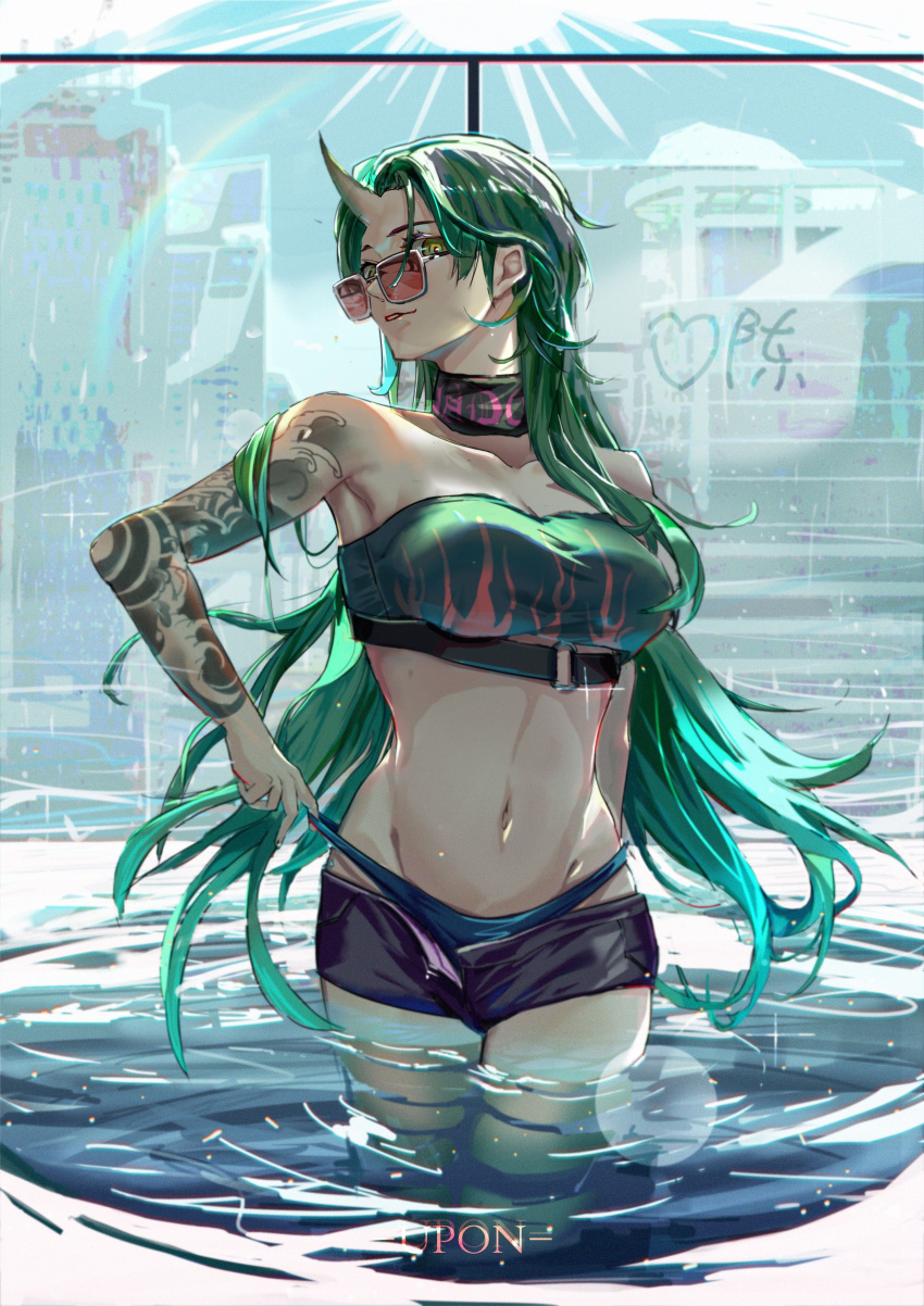 1girl absurdres arknights arm_tattoo bandeau bare_shoulders black_choker black_shorts breasts chinese_commentary choker cleavage collarbone commentary_request cowboy_shot green_hair highres horns hoshiguma_(arknights) long_hair looking_at_viewer medium_breasts midriff navel parted_lips short_shorts shorts single_horn solo standing stomach strapless sunglasses tattoo tube_top upon very_long_hair wading water