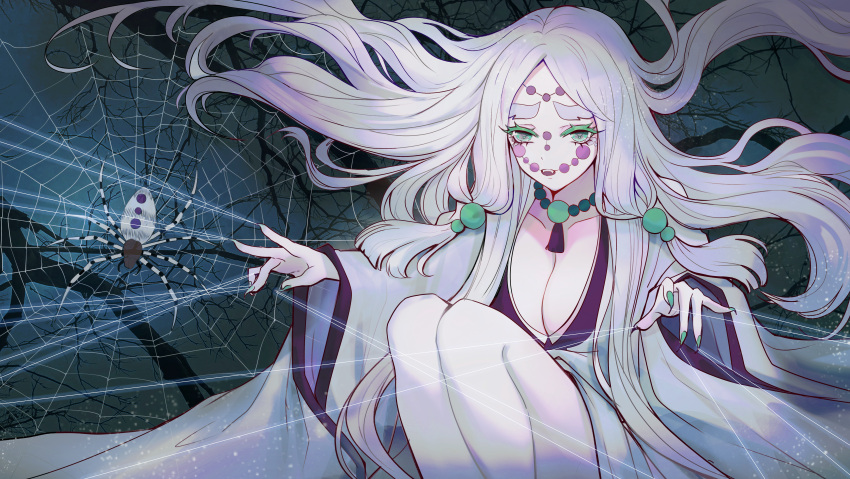 1girl absurdres aqua_nails arms_up breasts bug cleavage fangs feet_out_of_frame fingernails floating_hair grey_eyes highres jewelry kimetsu_no_yaiba knees_up large_breasts looking_at_viewer mother_spider_demon_(kimetsu_no_yaiba) necklace shan_gui_yu_yao sharp_fingernails silk solo spider spider_web white_hair
