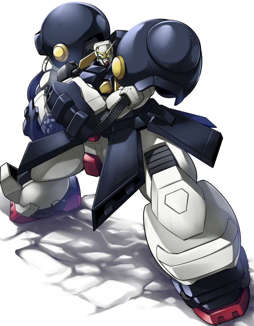 absurdres bolt_gundam clenched_hands g_gundam green_eyes ground_shatter gundam haganef head_tilt highres looking_at_viewer mecha no_humans science_fiction solo standing v-fin white_background