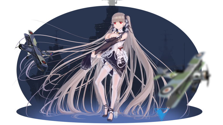 1girl absurdly_long_hair absurdres aircraft airplane azur_lane biplane black_dress black_footwear breasts cleavage dress formidable_(azur_lane) frilled_dress frills gothic_lolita high_heels highres large_breasts lolita_fashion long_hair military military_vehicle neckwear_between_breasts platinum_blonde_hair red_eyes ribbon ship simple_background solo standing thighhighs thighs transparent_background twintails two-tone_dress two-tone_ribbon very_long_hair warship watercraft white_legwear xi_cao