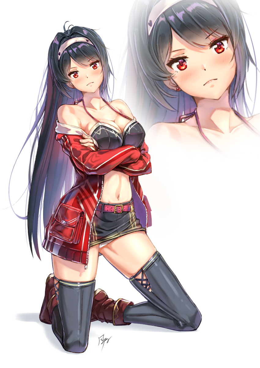 1girl antenna_hair bangs belt black_hair black_legwear blush breasts cleavage crossed_arms earrings eyebrows_visible_through_hair hairband head_tilt highres jacket jewelry kazeno kneeling large_breasts long_hair looking_at_viewer navel open_clothes open_jacket original panties pantyshot red_eyes skirt solo stud_earrings thighhighs underwear white_background white_panties zoom_layer