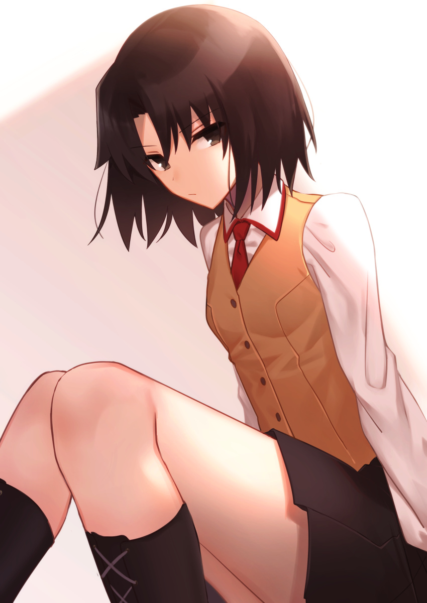 1girl absurdres bangs black_footwear black_skirt boots brown_eyes brown_hair brown_vest collared_shirt hair_between_eyes highres homurahara_academy_uniform kara_no_kyoukai knee_boots long_sleeves looking_at_viewer medium_hair miniskirt necktie okakasushi pleated_skirt red_neckwear ryougi_shiki school_uniform shiny shiny_hair shirt sitting skirt solo vest white_shirt wing_collar