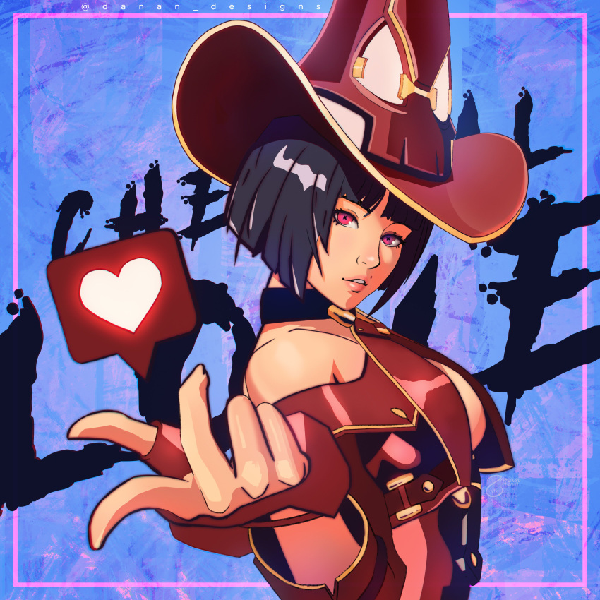 1girl absurdres black_hair breasts cleavage fingerless_gloves gloves guilty_gear guilty_gear_xrd hat heart highres i-no looking_at_viewer pink_eyes red_headwear short_hair witch_hat