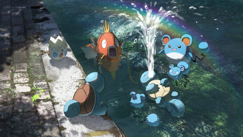 absurdres afloat asteroid_ill azumarill black_eyes commentary_request day fish highres huge_filesize looking_up lying magikarp marill no_humans on_back outdoors pokemon pokemon_(creature) rainbow smile squirting_liquid squirtle swimming togepi water