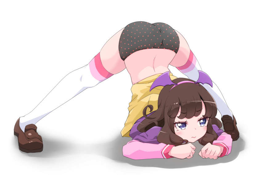 1girl black_panties blue_eyes brown_footwear brown_hair closed_mouth commentary_request eyebrows_visible_through_hair hairband jack-o'_challenge kurosu_aroma long_sleeves meme panties pink_hairband polka_dot polka_dot_panties pretty_(series) pripara shoes short_hair simple_background solo thighhighs top-down_bottom-up underwear white_background white_legwear yonekura_hisaki