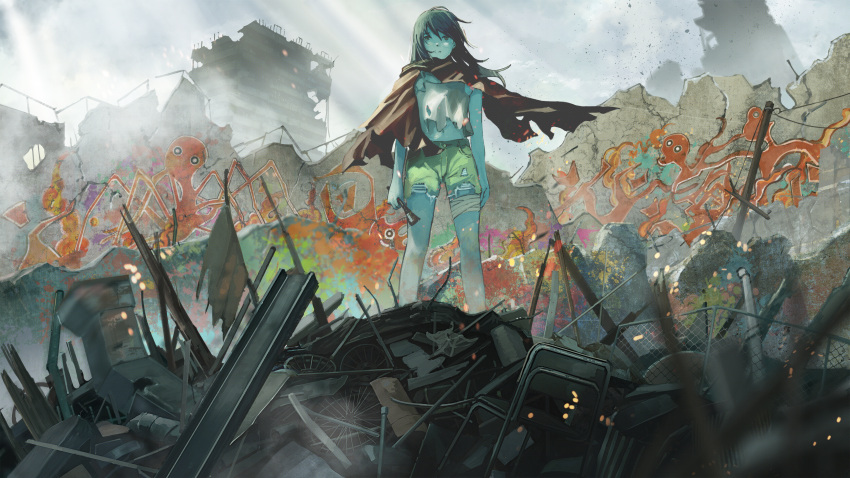 1girl absurdres aqua_skin bandaged_leg bandages belt cape colored_skin concrete fence graffiti green_eyes green_hair green_shorts green_skin grey_sky highres huge_filesize long_hair mural navel original outdoors rubble ruins sakura_inu_(itoyatomo) shorts solo steel_beam sunlight torn torn_clothes