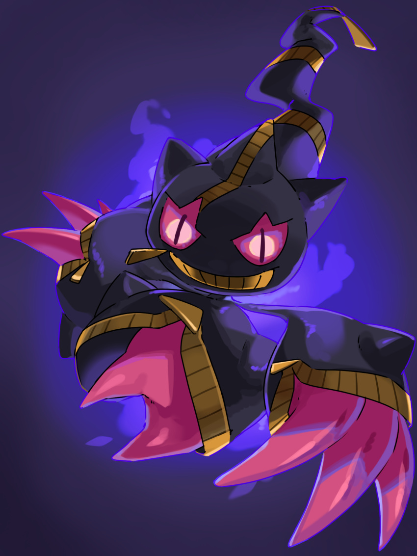 banette claws commentary_request energy full_body glowing highres looking_at_viewer mega_banette mega_pokemon mian_(3zandora) no_humans pokemon pokemon_(creature) purple_eyes solo zipper zipper_pull_tab