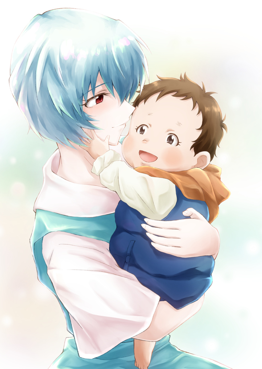 2girls :d absurdres ayanami_rei baby baumku_techen blue_dress blue_hair blue_vest blurry blurry_background blush brown_eyes brown_hair brown_scarf carrying_person commentary dress dress_shirt evangelion:_3.0+1.0_thrice_upon_a_time eyelashes green_background hand_on_another's_face highres light_smile looking_at_another multiple_girls neon_genesis_evangelion open_mouth pinafore_dress plump rebuild_of_evangelion red_eyes scarf school_uniform shirt short_hair smile suzuhara_tsubame upper_body vest white_background white_shirt
