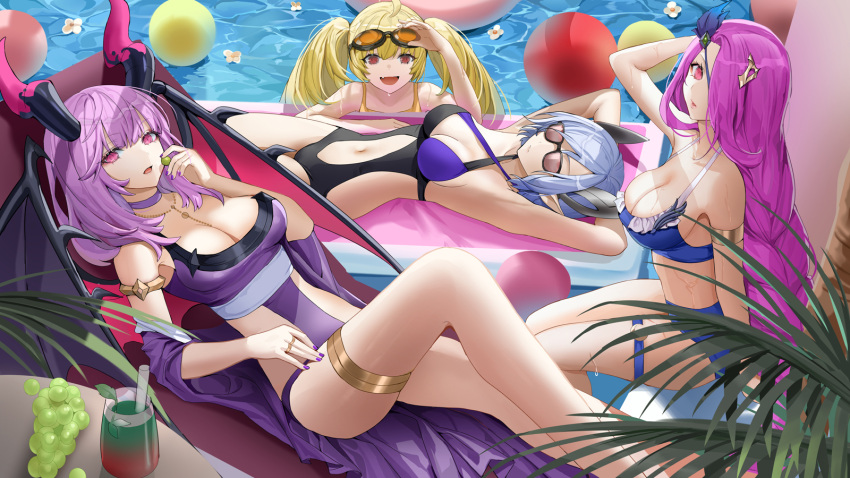 4girls :d adjusting_eyewear akasik_chronicle arm_behind_head arm_up bangs bare_legs bikini black_swimsuit blonde_hair blue_bikini braid breasts cleavage closed_mouth clothing_cutout commentary criss-cross_halter cup demon_girl demon_horns demon_wings drinking_straw eating eyebrows_visible_through_hair fang food fruit goggles goggles_on_head grapes hair_over_one_eye halter_top halterneck highres holding holding_food holding_fruit horns inflatable_raft jewelry large_breasts leaf lloule long_hair looking_at_viewer lying medium_breasts midriff multiple_girls multiple_rings nail_polish navel navel_cutout necklace on_back one-piece_swimsuit open_mouth parted_lips pink_eyes pointy_ears purple_hair purple_nails purple_swimsuit red_eyes ring short_hair silver_hair sitting smile sunglasses swimsuit symbol-only_commentary thigh_strap twintails very_long_hair water wings