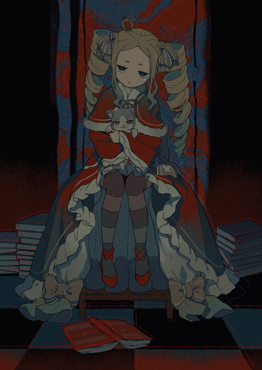 1girl beatrice_(re:zero) blonde_hair book capelet chair crown crying dress drill_hair frills fur-trimmed_capelet fur_trim hair_ribbon half-closed_eyes highres holding iwamushi long_sleeves mini_crown neck_ribbon pantyhose parted_lips puck_(re:zero) re:zero_kara_hajimeru_isekai_seikatsu red_capelet red_dress red_footwear ribbon shoes short_eyebrows sidelocks sitting striped striped_legwear tears throne twin_drills twintails wide_sleeves