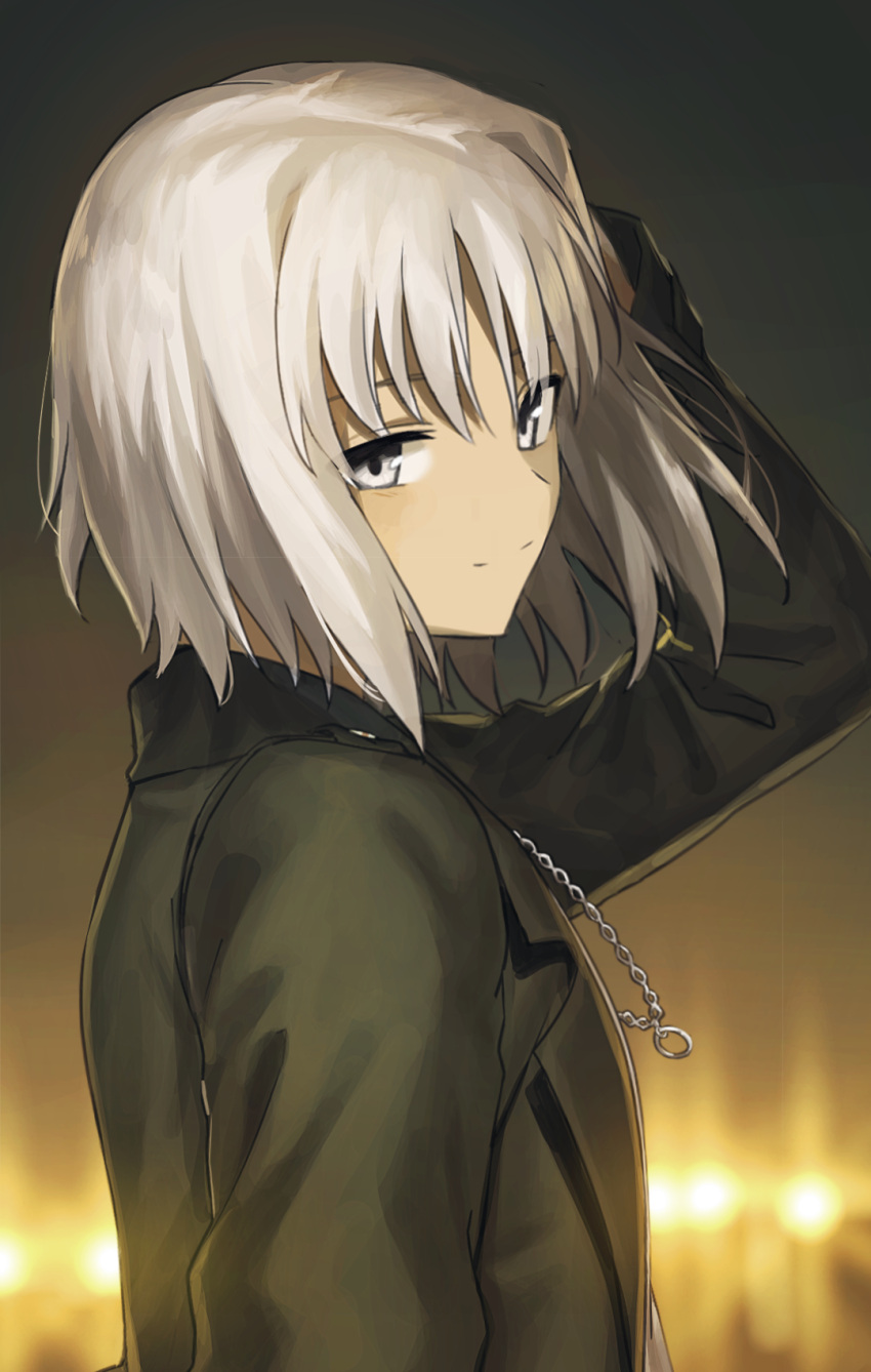 1girl 428 bangs black_jacket canaan canaan_(character) chain closed_mouth from_side grey_eyes hair_between_eyes hand_in_hair highres jacket long_sleeves okakasushi open_clothes open_jacket short_hair silver_hair smile solo upper_body