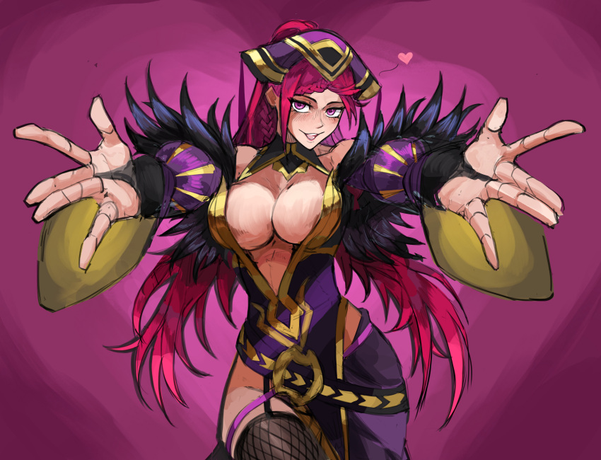 1girl absurdres blush braid breasts cleavage detached_collar dress feather_trim fire_emblem fire_emblem_heroes fur_trim hair_ornament heart highres large_breasts loki_(fire_emblem) long_hair looking_at_viewer open_mouth pink_hair plunging_neckline purple_dress purple_eyes reaching_out saiykik side_slit solo thighhighs wide_sleeves